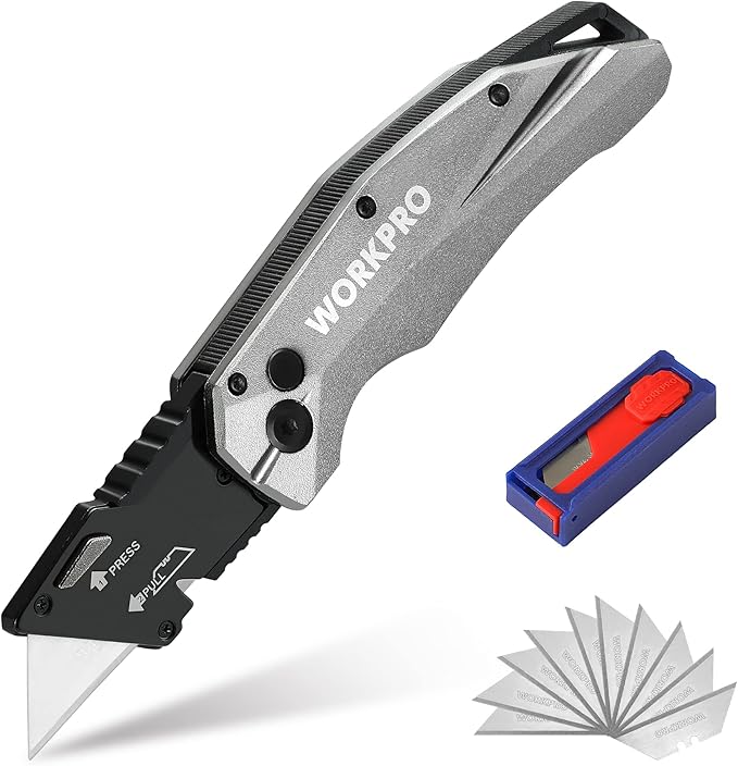WORKPRO Folding Utility Knife, Heavy Duty Metal, Quick Open Botton Lock Box Cutter, Quick Change Blade Razor Knife, 1PC with 10 Extra SK5 Blades
