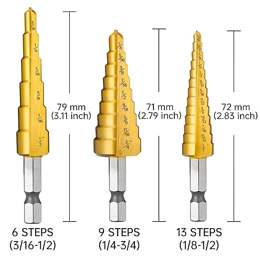 3PCS Step Drill Bit Set, HSS Titanium Step Drill Bits for Metal, 28 Sizes Stepper Up Bits with Portable Bag