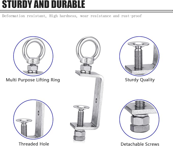 C Clamps – 304 Stainless Steel Beam Clamps with M10 Screw Ring | Adjustable, Rust-Resistant I Beam Clamps for Ring Beams, Welding, Woodworking, Plants & Desk Use. Wide Jaw Openings(75MM)2-Pack
