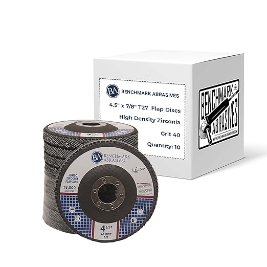 Benchmark Abrasives 4.5" x 7/8" Premium High Density Jumbo Zirconia Type 27 Flap Discs 4 1/2 for Angle Grinder, Sanding Discs, Finishing - Grinding Wheels 4 1/2 inch - (10 Pack) - 40 Grit