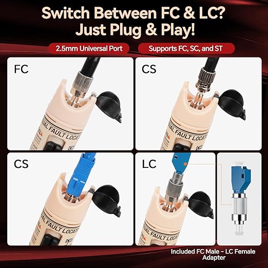 VFLVisual Fault Locator Kit 50mw,Fiber Optic Cable Tester Tool Kit,Fiber Red Light Pen Tester with 2.5mm Universal Connector 2pcs FC-LC Adapter & 1pc LC, SC, FC Coupler & 3 1.5m Patch Cords