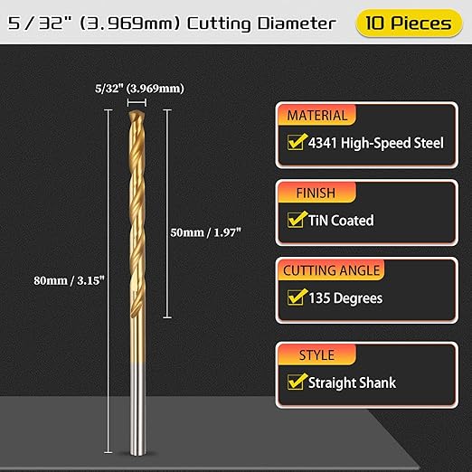 Drill Bit, 5/32" Cutting Diameter, 4341 HSS TiN Coated 135° Cutting Angle Jobber Bits - (Applications: for Drilling Soft Metal Plastic Wood), 10-Pieces