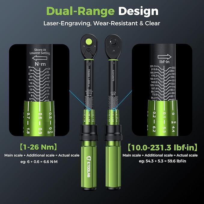 1/4 Torque Wrench with Bike Tire Repair kit, 37Pcs Dual-Range【1-26 Nm/10-231.3 in.lb】±3% Precision Inch Pound Torque Wrench, 72 Tooth Dual-Direction for MTB, E-Bike, Moto Maintenance