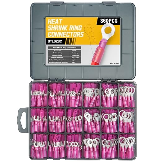 360PCS Marine Grade Heat Shrink Wire Connectors-Electrical Connectors Kit of Tinned Red Copper,Crimp Insulated Ring Fork Spade Butt Splice AWG22-16 Gauge (360pcs Red, AWG 22-16)