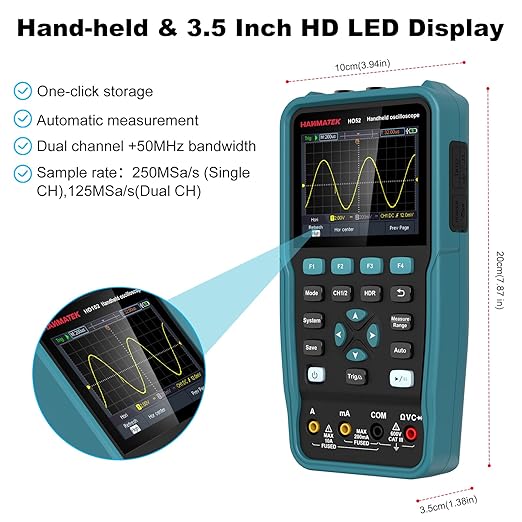 HANMATEK Handheld Digital Oscilloscope 50Mhz Bandwidth with 2 Channels HO52 3.5" TFT Mini Oscilloscope, 2 in 1 Oscilloscope and Multimeter, Backlit Screen, Auto-Calibration Function, Memory Function