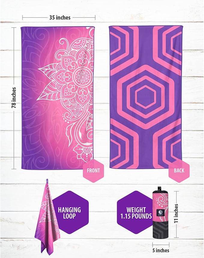 VENTURE 4TH Microfiber Beach Towel: Quick-Dry, Compact, Sand-Free, Absorbent, Sandproof and Lightweight - Perfect for Camping, Beach, and Roadtrips (Purple Mandala Design | 35x78 inches)