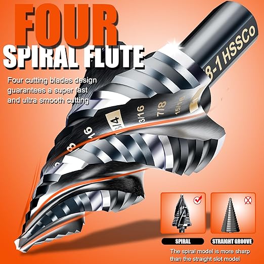 Four Spiral Flute Step Drill Bit for Metal,M35 Cobalt Unibit Step Drill Bit Set 1/8"-1"(9 Sizes),Wear-Resistant AlTiN Coated,3/8" Hex Shank for Metal, Stainless Steel, Aluminum, Plastic