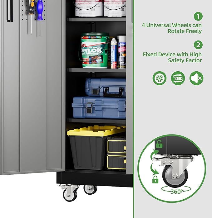 71" Metal Storage Cabinet with Wheels and Pegboard, Lockable Rolling Steel Storage Cabinet with 5 Adjustable Shelves and Door for Garage, Office, Kitchen, Assembly Required,Black and Grey