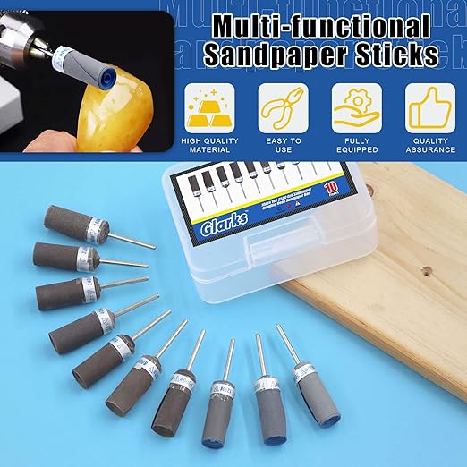 Glarks 10Pcs Sanding Drums Sleeves Polishing Rolls, Abrasive Grinding Head Sandpaper Bar Sticks, 180/240/320/400/600/800/1000/1200/1500/2000 Grit Cylinder Polishing Grinding Mounted Sanding Points