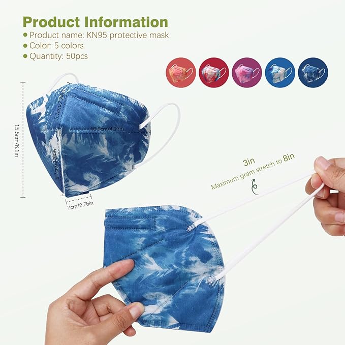 KN95 Face Masks 50 Pack Tie Dye Breathable Safety Respirator 5-Ply Multicolor Cup Dust Disposable KN95 Mask For Adult