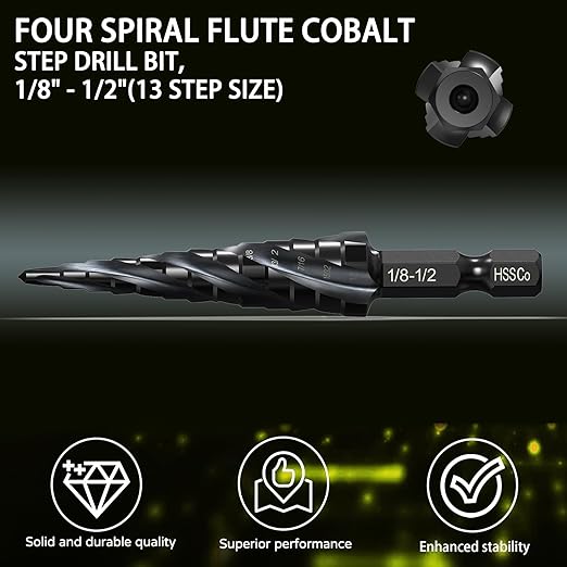 M35 Cobalt Step Drill Bit - 1/8" to 1/2" (13 Sizes) - Unibit Four Spiral Flute - 1/4" Hex Shank - Metal Drilling Bit: High Strength, Durability, Efficient