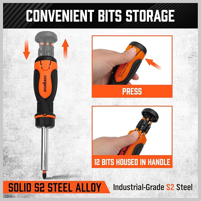 Magnetic Ratcheting Screwdriver Set: 14-in-1 Bits & 1/4" Driver, Multi-Sized Phillips, Slotted, Square, Torx, Hex for Garage & Daily Repair