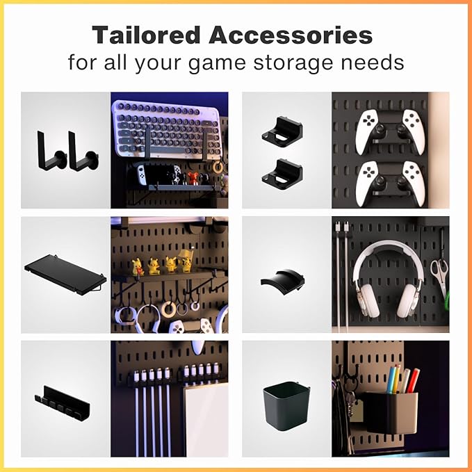 Keepo Pegboard Combination Kit, Pegboards and Accessories Modular Hanging for Gaming Setup, Gaming Station Peg Board, Gaming Organizer, Wall Game Controller Holder, Headset Stand, (Black, 22″×22″)