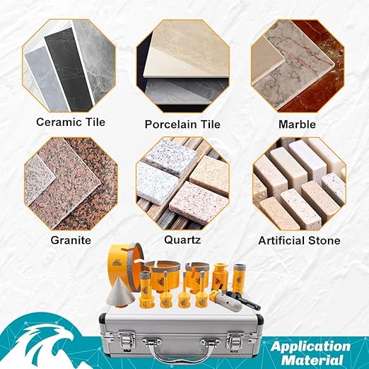 Diamond Tile Hole Saw Kit 12pcs - Diamond Core Drill Bits 6/6/8/19/25/35/50/75/102mm for Tile Porcelain Ceramic Marble with 20mm Finger Bit and 50mm Chamfer Bit Trimming Holes and SDS Adapter