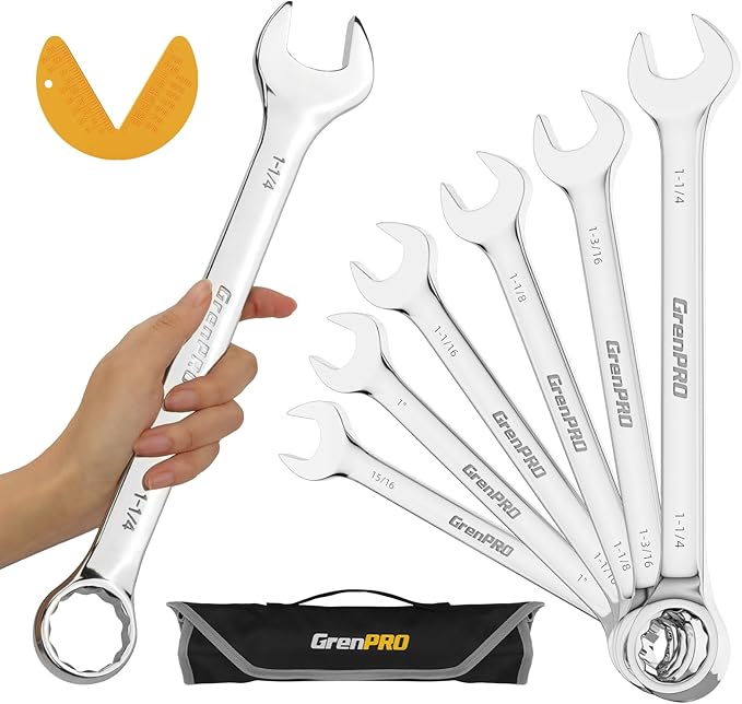 SAE Wrench Set, Large Wrench Set, 7-Piece 15/16″, 1", 1-1/16", 1-1/8", 1-3/16", 1-1/4" Long Big Open End Wrench Tools Set Roll Up Pouch Organizer with Gauge, 12 Point Combination Wrenches Sets