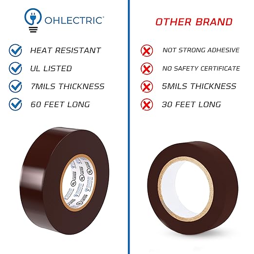 OHLECTRIC Professional Grade Vinyl Electrical Tape (10 Pack) Brown - 7 Mil Thick Flame-Retardant, Heat & Weather Resistant 3/4 Inch x 60 Feet | Ideal for Contractors & Electricians