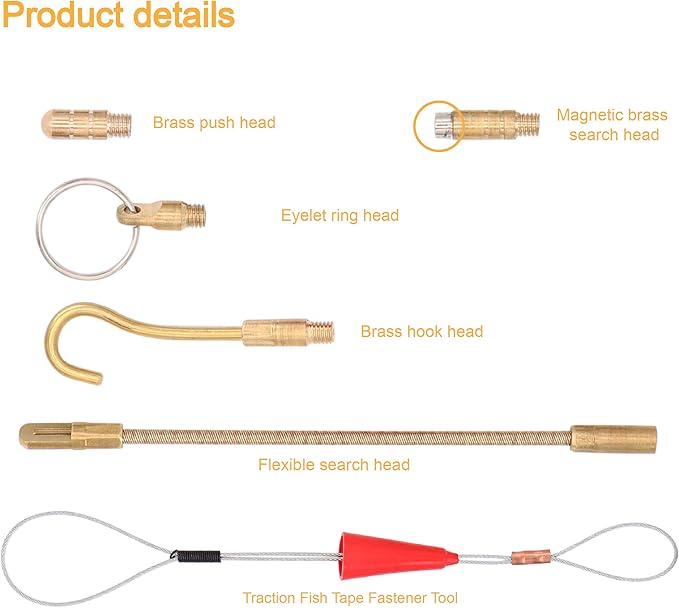 Jeemiter 24 FT Fiberglass Running Electrical Wire Cable Glow Rods Wire Pulling, Fish Rods Electrical Kit with 6 Different Attachments and Fish Tape Wire Puller Kit