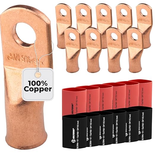 SELTERM 10pcs - 1/0 Awg - 5/16" Stud - Battery Lugs - Ring Terminal Connectors | with 12pcs 3:1 Black & Red Heat Shrink Tubing with Adhesive | Heavy Duty Battery Cable Ends - Bare Copper Wire Lugs Kit