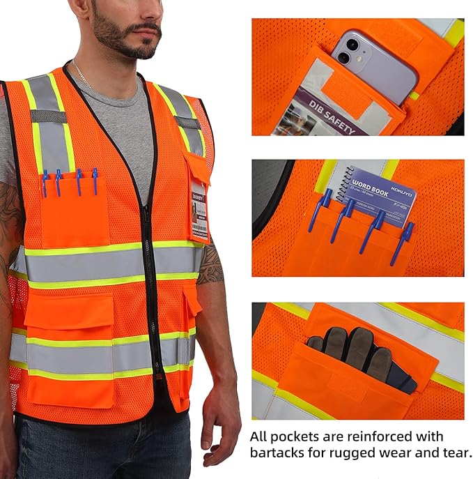 Dib Safety Reflective Mesh Vest High Visibility Two Tone with Pockets and Zipper, ANSI Class 2 Compliant, Orange Mesh with Yellow Trim 2X