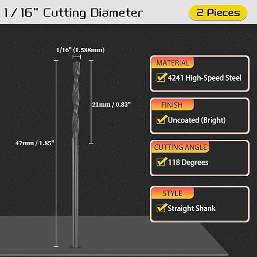 Drill Bit, 1/16" Cutting Diameter, 4241 HSS Nitriding Black 118° Cutting Angle Versatile Jobber Bits - (Applications: for Drilling Plastic Wood Soft Metal), 2-Pieces