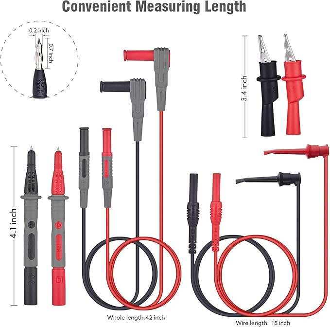 WGGE Soft Silicone ElectricianTest Lead Kit CAT III 1000V & CAT IV 600V with Insulation Alligator Clips, clamp Meter, Needle Probe for WGGE/Fluke/AstroAI/INNOVA/KAIWEETS Multimeter (WG-012)