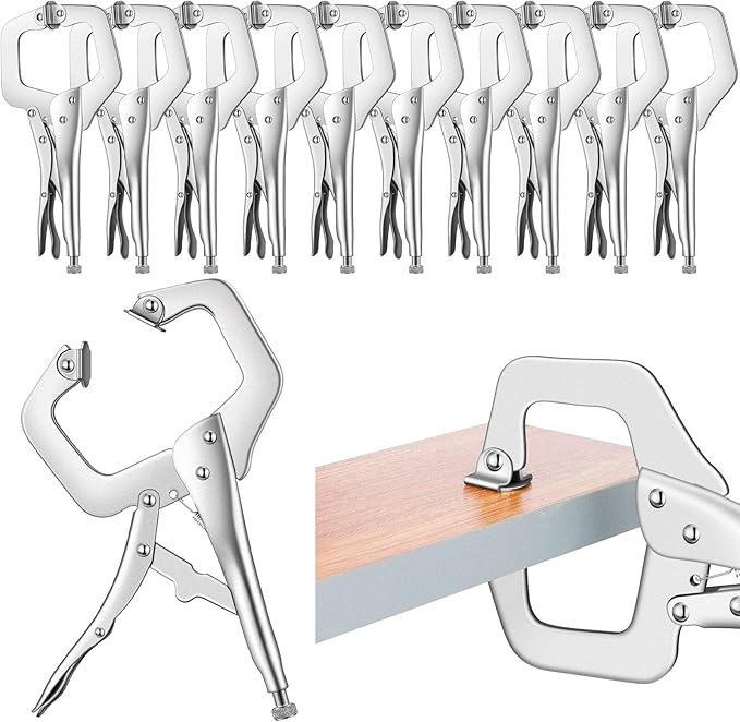 Yexiya 10 Pcs Locking C Clamp, Locking Pliers Adjustable Welding Clamp with Regular Tip and Swivel Pad for Shop Home Farm and Auto Workshop Woodworking, Cabinetry, Repair (11 Inch)