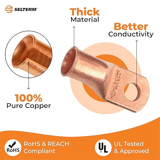 SELTERM 5pcs 1/0 AWG 5/16" Stud Copper Wire Lugs, Ring Terminals, Battery Cable Ends, 0 Gauge Ring Terminal Connectors, UL Heavy Duty Bare Copper Eyelets Battery Terminal Connectors