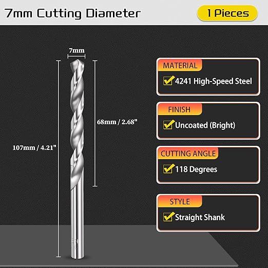 Drill Bit, 7mm Cutting Diameter, 4241 HSS 118° Cutting Angle Uncoated Bright Versatile Jobber Bits - (Applications: for Drilling Plastic Wood Soft Metal), 1-Pieces