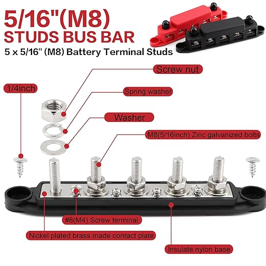 300A Bus Bar 5 Post 12V-48V DC Power Distribution Block,5 * 5/16"(M8) Battery Terminal Studs with Cover and Wire Lugs for Wiring,Automotive,Marine,Battery busbar (Red&Black)
