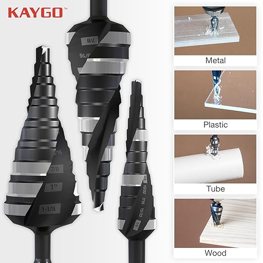 KAYGO M35 Step Drill Bit,3/16 to 1-1/8 inch Unibit Step Bit with Double Sprial Flute,1/4 -inch Hex Shank Drill Bit for Metal,Stainless Steel, Aluminum,Copper,Wood,PVC