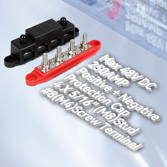 Heart Horse Power Distribution Block Bus Bar 5/16'' Terminal Stud 4 Post with Cover 250 Amp Rating for Marine Automotive and Solar Wiring RV Boat (250A, 5/16'', Red+Black)