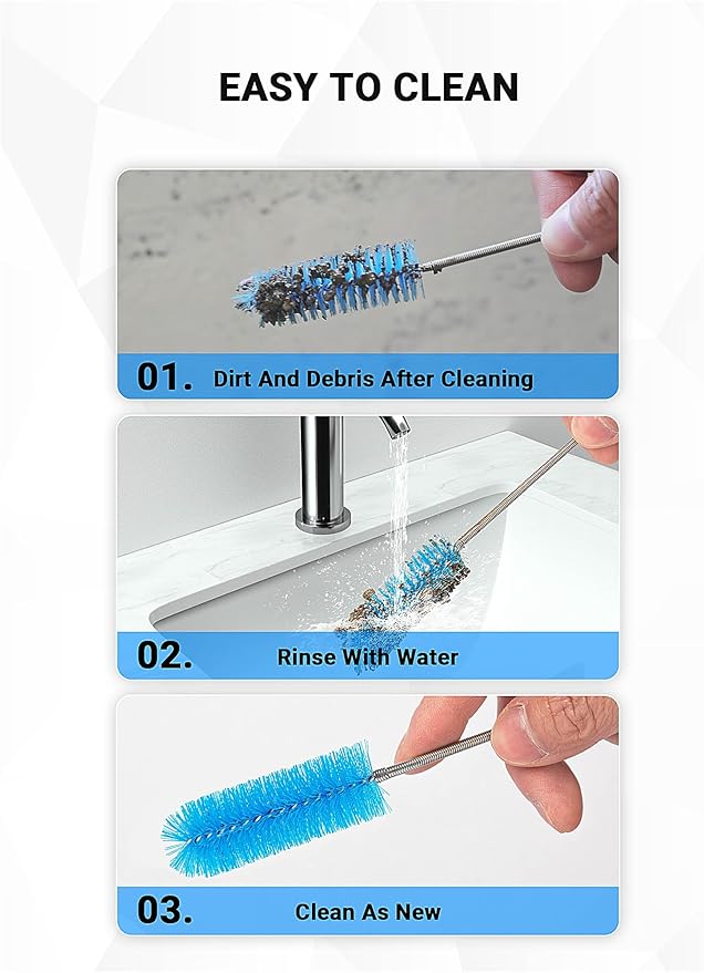 Flexible Long Drain Brush Tool with Large Double Elastic Nylon Ends, Stainless Steel Tube Cleaner Brush for Kitchen, Sink, Drain Pipe, and Long Pipe Cleaning, 2 Straw Cleaning Brushes