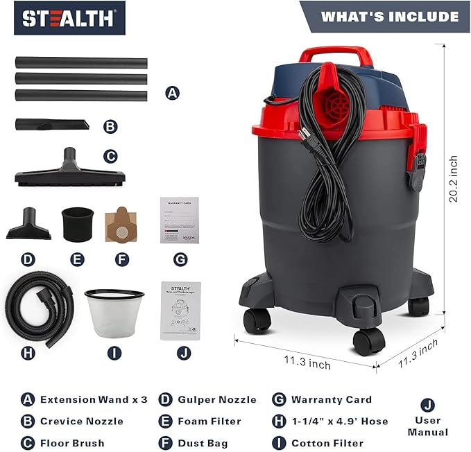 Stealth Wet/Dry Vacuum 5 Gallon, 5.5 Peak HP Shop Vacuum with Blower & Drain Port for Home, Garage, Car, Workshop,ECV05P2