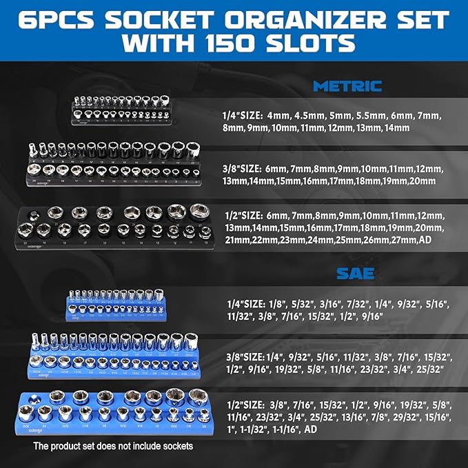 DISEN Magnetic Socket Organizer Set 6PCS Socket Holder Holds 150 Pieces 1/4", 3/8", 1/2" Drive Metric & SAE Socket Trays for Tool Box Drawer (Socket not Included)