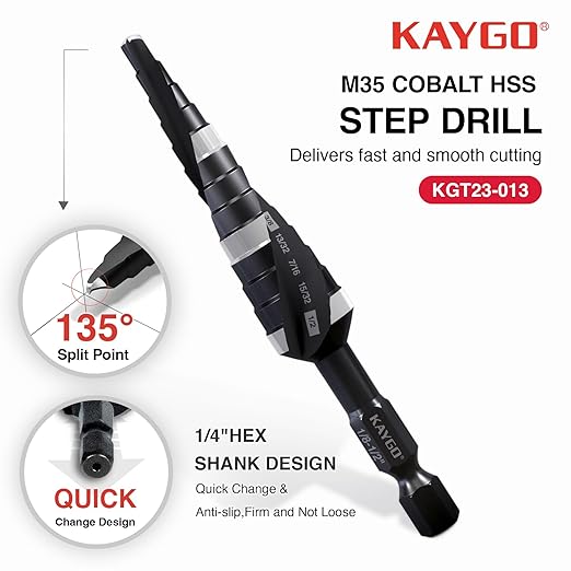 KAYGO M35 Step Drill Bit, 1/8 to 1/2 inch Step Bits for Thin Metal Stainless Steel Aluminum Wood Plastic,1/4 -inch Hex Shank