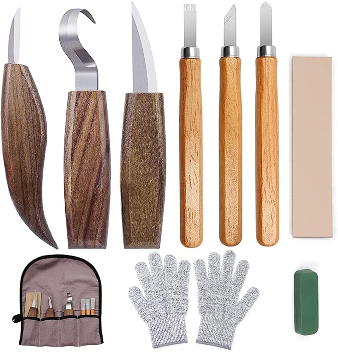 10Pcs Wood Carving Kit, Beginner Set With Resistant Gloves, Spoon & Whittling Knife, Sandpaper for Woodworking