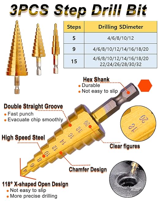 Rocaris 32 Pack Woodworking Chamfer Drilling Tools, Including Countersink Drill Bits, L-Wrench, Wood Plug Cutter, Step Bit, Center Punch, Cutting Twist Bits