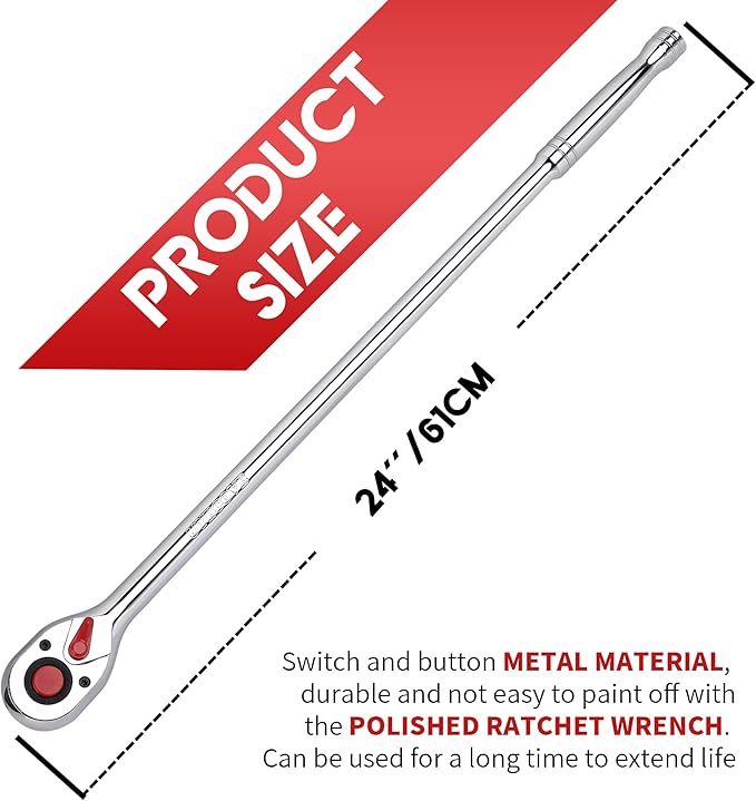 1/2-Inch Drive Ratchet Wrench, 1/2 Ratchet Wrench Long Handle, Socket Wrench, 72-Tooth Quick-release Reversible Cr-Mo Head, Chrome Steel Made - 24''61cm
