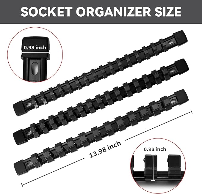 Socket Organizer Drive ABS Tools - Black Socket Holder, Premium Quality 9 Pieces Socket Holders Kit 1/4-Inch x 48 Clips, 3/8-Inch x 45 Clips, 1/2-Inch x 36 Clips（9PC,Black)