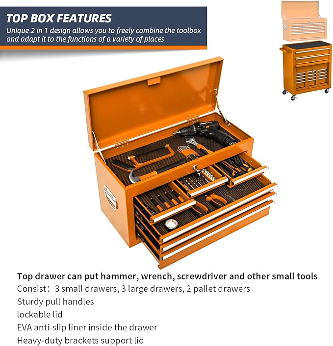 8-Drawer High Capacity Rolling Tool Chest - Big Storage Removable Tool Box w/ Lockable Drawers for Workshop & Garage (Orange)