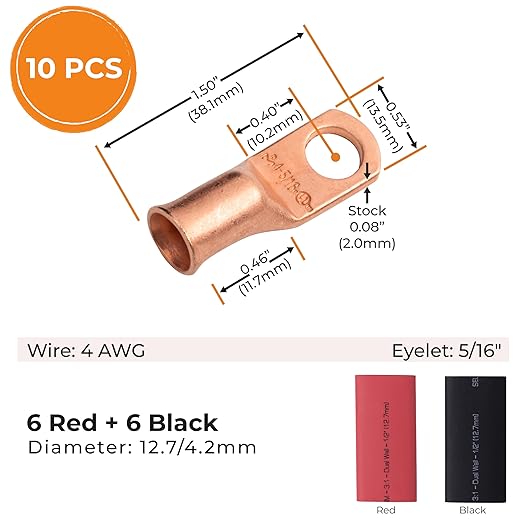 SELTERM 10pcs - 4 Awg - 5/16" Stud - Battery Lugs - Ring Terminal Connectors | with 12pcs 3:1 Black & Red Heat Shrink Tubing with Adhesive | Heavy Duty Battery Cable Ends - Bare Copper Wire Lugs Kit