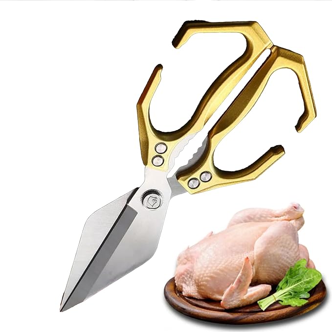 Multi-Purpose Kitchen Scissors,stainless steel scissors,Poultry Shears,Sharpeners Bottle Openers Zester and More Stainless Steel,for opening cans and heavy duty poultry cutting (Gold)