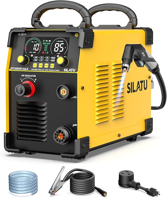 SILATU Plasma Cutter, 85Amps Blowback Pilot Arc Air Sensor Technology, Digital Display, 110V/220V Dual Voltage Non-HF CNC Plasma Cutter Machine, 1″ Clean Cut 7/5″ Max Cut, PT/2T/4T for Beginners DIY