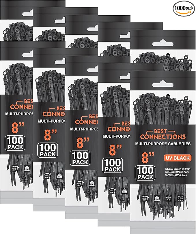 BEST CONNECTIONS Black Cable Ties – 1,000 Pcs Cable Zip Ties 8 Inch with Screw Down Hole for Mounting- Strong Nylon Wire Ties with 50 Lbs Tensile Strength – Cable Management Ties for Outdoor & Indoor