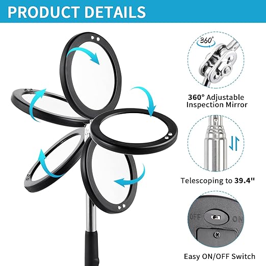 2 Pieces Telescoping Inspection Mirror LED Light Set with Large 3.75" Round Mirror, and 3.3" Square Mirror, Flexible 360 Swivel, for Inspection Viewing, Mechanic Checking, Observation