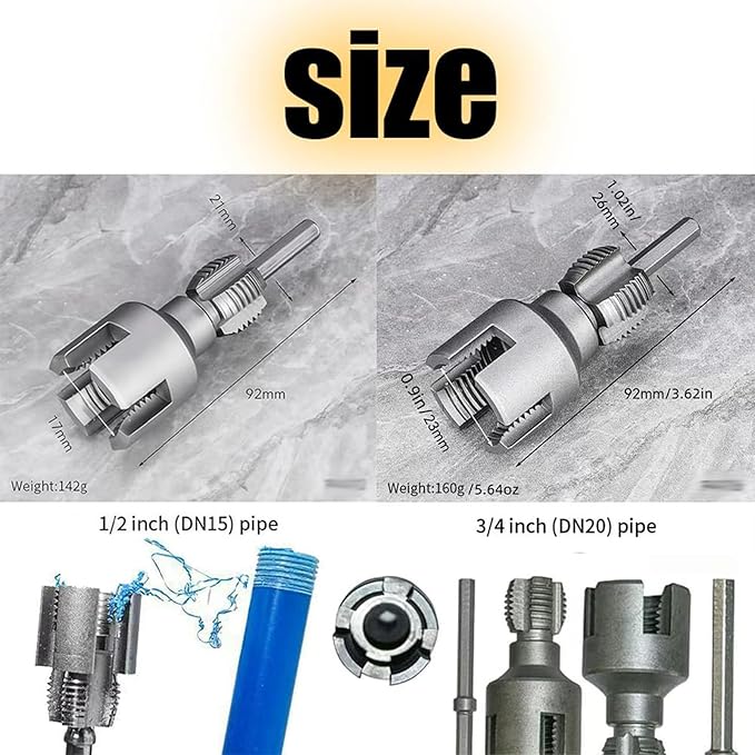 Integrated Internal & External Pipe Threading Tool, Pipe Thread Cutting Tool, Electric Drill Compatible 2 In 1 PVC Pipe Threader Kit, 1/2" 3/4" PVC Thread Maker Tool for Water Pipes (1 Pc 1/2’’)