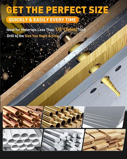 COMOWARE Step Drill Bit Set 5-Piece Titanium-Coated with Automatic Center Punch HSS- Covering 50 Sizes, Complete with Aluminum Case