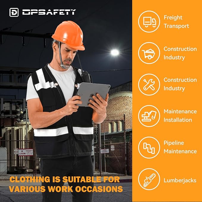 Reflective Safety vest With back plan pocket,High visibility Class 2 Heavy Duty Surveyor Vest with Zipper,Hi Vis Vest ANSI/ISEA Standard, Construction Work Vest for Men＆Women(Black,L)