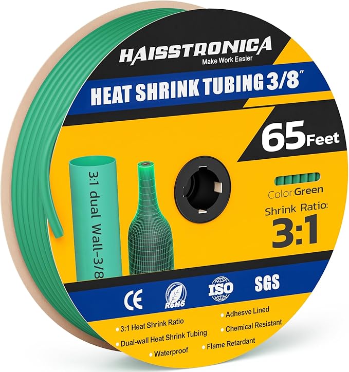 haisstronica 3:1 Heat Shrink Tubing, Shrink Ratio Adhesive Lined Marine Grade Heat Shrink Tube for Home, Automotive and Industrial (Green) 65FT 3/8inch