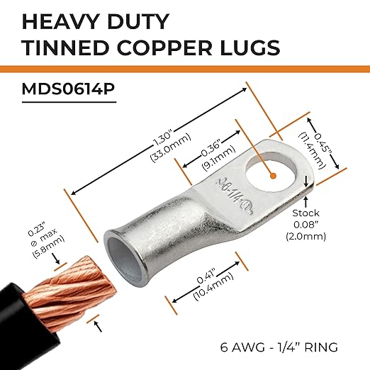 SELTERM 2pcs 6 AWG 1/4" Stud Tinned Copper Wire Lugs, Battery Lugs, Ring Terminals, Battery Cable Ends, 6 Gauge Ring Terminal Connectors, UL Marine Grade Electrical Battery Terminal Connectors